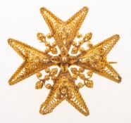 A filigree work Maltese cross brooch, pin and c-clasp fitting, indistinct marks to c-clasp,