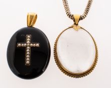 A Victorian hairwork mourning pendant and one other pendant with chain,