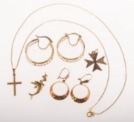 A small mixed group of earrings and other items, including a single oval coral stud earring,