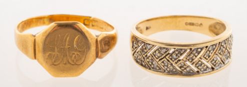 Two rings, including a 14ct gold ring, the front openwork panel set with small single-cut diamonds,