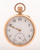 Dennison, a 9K gold keyless pocket watch the white dial having black Arabic numerals,