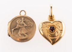 Two pendants, including a 9ct gold circular locket with a carved St Christopher to one side,