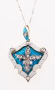 A Victorian diamond, enamel and guilloché pendant with chain, the pendant of shield form,