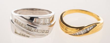 Two baguette-cut diamond rings, including a 14ct white gold ring, of polished and satin finish,