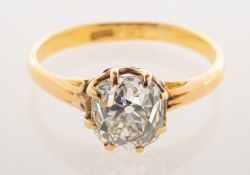 An antique diamond solitaire ring, claw set with an oval old mine-cut diamond, diamond approx. 1.