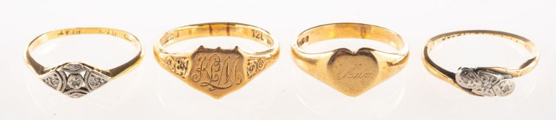 A group of four rings, including two 9ct gold signet rings of varying design, UK hallmarks,