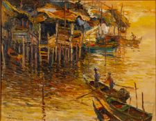 Tan Peng Hooi (20th century Eastern school) - A fishing village on stilts - Oil on canvas - 50 x