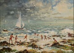 Wilfred Kingsford (British 20th century) - 'Castle Beach Falmouth' - Oil on board - 1.5 x 18.