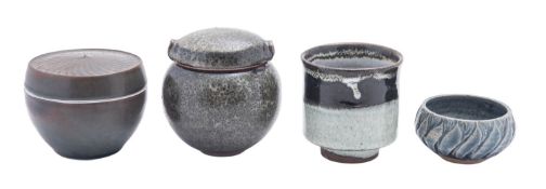Four pieces of studio pottery comprising a Trevor Corser stoneware yunomi, impressed personal seal,