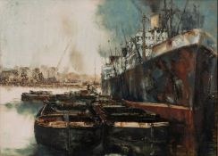* Anthony Amos (British, 1950-2010) - Docked barges and ship - Oil on board - 32 x 44cm,