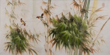 20th Century Chinese school - Birds in bamboo - Oil on canvas - 60 x 120cm,