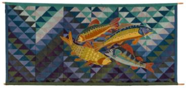 A silkwork and embroidered wall hanging depicting four fish,