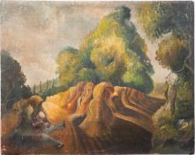 20th century school - A figure resting in a field of haystacks - Oil on canvas - 45 x 57cm