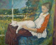 Mary Chugg, née Cooper (British, 1935 - 2024) - 'The White Cat' - Oil on board - 60.