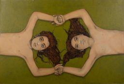 Contemporary School Caraco? - Study of two figures on a green background - Painting on board - 83 x