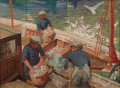 Walter Hyde (20th century British school) - 'Fishermen Polperro' - Oil on board - 39.5 x 54.