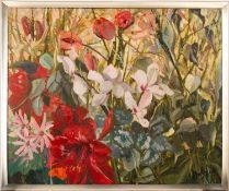 J M Green (20th century school) - 'Garden flowers' - Oil on canvas - 68 x 88cm, 71.