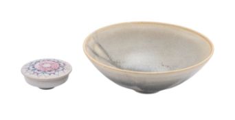 Terri Holman [Contemporary], a porcelain bowl under muted green and ivory glazes, 18.