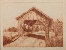 Denise Brown (British b 1911)- A figure scything grass in a graveyard - Etching - 21 x 26cm, 41.