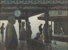 C W Nuttall (20th Century) - 'Platform A Waterloo East' - Oil on board - 29 x 39cm,