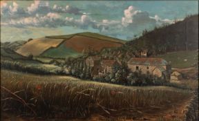 T Sladen (20th century British school) - Farmhouse in a landscape - Oil on canvas - 52 x 86cm,