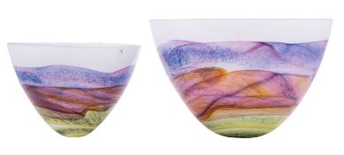 Thomas Petit [Contemporary] two 'Moors' glass bowls formed of arbitrary bands of green, russet,