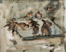 * Anthony Amos (British, 1950-2010) - Birds at a water bath - Oil on board - 76 x 98cm,