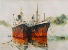 * Anthony Amos (British, 1950-2010) - Laid up cargo ships - Oil on board - 74.
