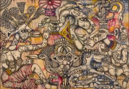 Nelson Laguna (Cuban, contemporary) - Fantastical figurative study - Oil on board - 69 x 99cm, 78.