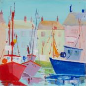 Wilf Eaton (British, 20th Century) - 'Trawlers - Newlyn' - Oil on board - 20.5 x 20.