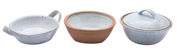 Peter Swanson [b 1950] a stoneware dish and cover, 27cm diameter, a two handled dish,