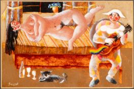 Harold Bilson (Icelandic, b 1948) - Reclining Nude and Harlequin - Oil on board - 14 x 21.