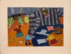 Attributed to Yurii Efimov (Russian, contemporary) - Figures with a cat in a landscape