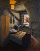 Hugo Lines (British, Contemporary) - 'Room Six Light Towel and Chimneys' - Oil on board - 81.