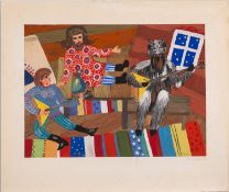 20th Century Russian naive folk art school - Two figures and a domovoy type figure playing a