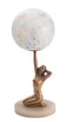 A Continental gilt metal and alabaster mounted figural table lamp,