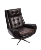 A wood, steel and black leather upholstered swivel armchair in Scandinavian taste, mid 20th Century.