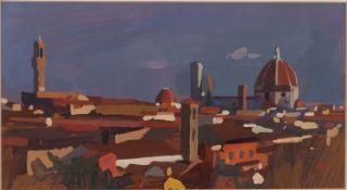 * Luke Martineau (British b 1970) - Town scene at dawn - Oil on board - 15.5 x 28.