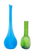 Two art glass vases one of triangular profile with slender raised neck embossed with horizontal