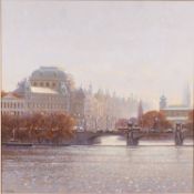 Robert Crisp (British, Contemporary) - River Seine - Oil on canvas - 49.5 x 49.5cm, 61.5 x 61.