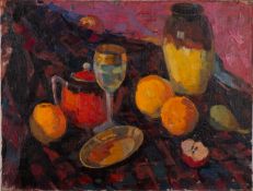 20th century Eastern European school - Still life with fruits, wine glass,