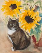 Lindsay Steele (British, Contemporary) - 'Oscar & Sunflowers' - Watercolour on paper - 45 x 36.