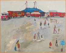 * Sarah Allpress (British, b 1952) 'Circus' - Oil or gouache on board - 36 x 44.5cm, 60 x 68.