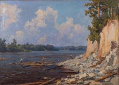 Attributed to Mikhail Kuznetsov (Ukrainian 1904-1989) 'On the river Volga' - Oil on canvas - 68 x
