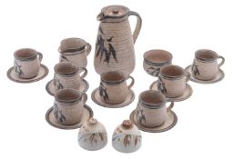 Robert Tinnyunt [b 1940] a stoneware coffee service under oatmeal glazes and decorated with