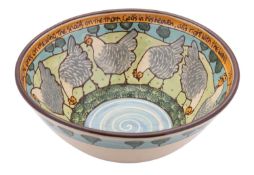Clio Graham [Contemporary] a terracotta bowl the interior decorated in coloured slips with hens in