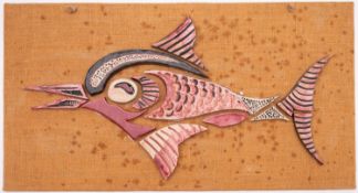 Patricia Mary Ferguson [Contemporary] two stoneware panels, comprising a composite fish, 59cm long,