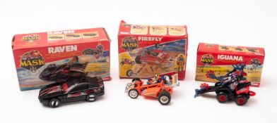A 1980s Kenner Mask Raven vehicle. Together with an Iguana and a Firefly, all boxed.