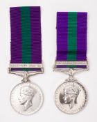 Two KGVI General Service Medals with Palestine 1945-48 clasps. One awarded to AS.