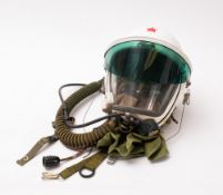 A 1980s Chinese TK-1 high altitude flight helmet. In white with red star and visor.